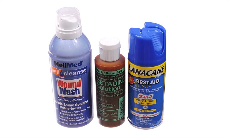 saline wound-wash, betadine, lanacane